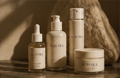 The AURORA range — serum, cleanser, mist and cream — arranged on stone