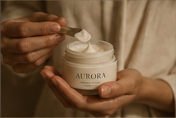 Hands lifting cream from an open AURORA jar with a spatula
