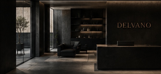 The DELVANO studio: a dark reception space in stone and wood
