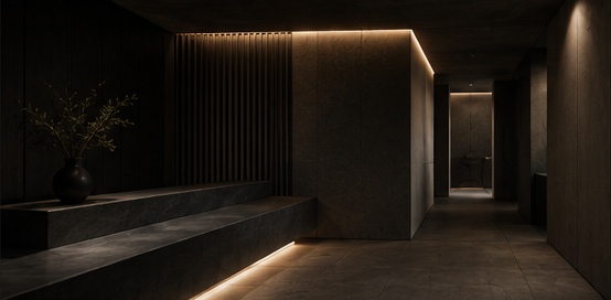 A dark corridor lit by a recessed strip, a branch in a stone vessel