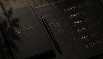 A bound document showing a process running from research to launch