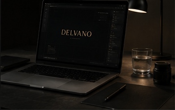 A laptop showing the DELVANO site in a dimly lit workspace