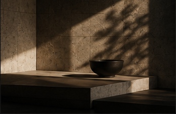Daylight raking across a stone interior, a dark bowl resting on a low plinth
