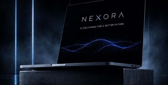 NEXORA — the platform interface on a laptop in a dark studio