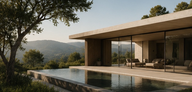 VERIDA — a low villa above a valley, seen across its pool