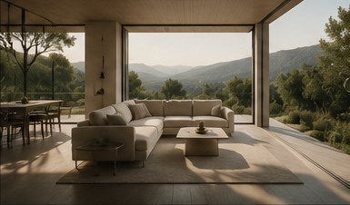 A living room opening onto the valley through full-height glazing