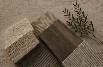 Samples of stone, timber and concrete laid out with an olive sprig